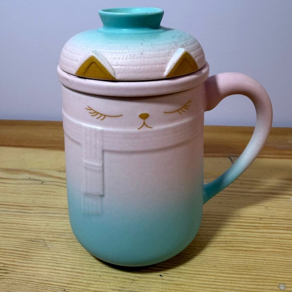 Cute Cat Tea Infuser Mug with Lid Pink Aqua Gradient Ceramic Tea Cup